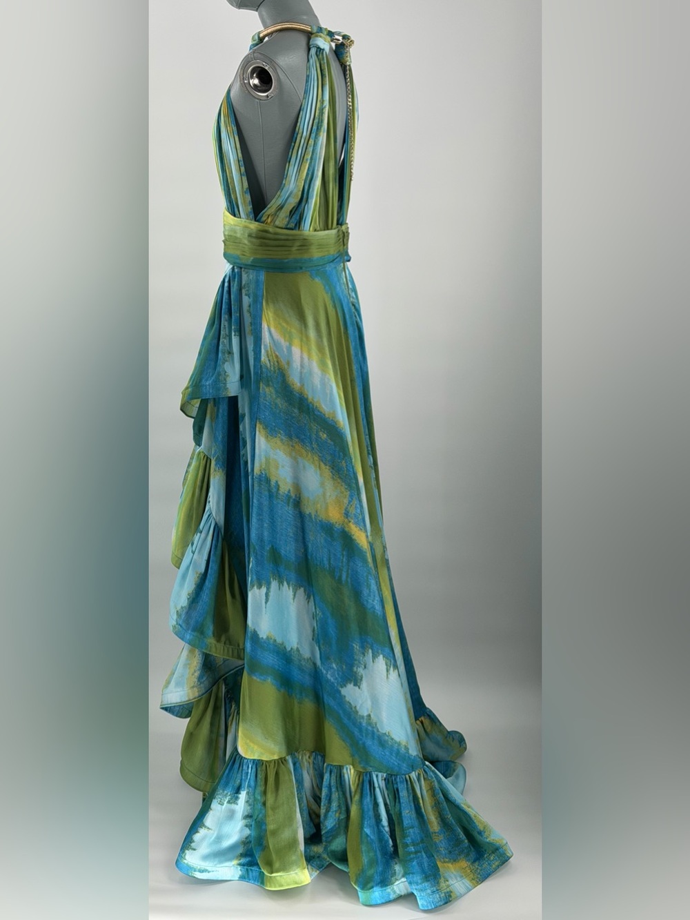 🆕 BRONX & BANCO 🧿 NWOT Palma Coastal Ruffle Hi-Low Gown, Blue Green, Sz L US 8 - Picture 8 of 17